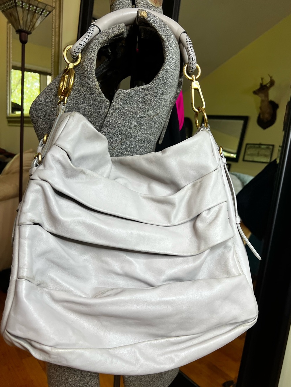 CHRISTIAN DIOR LIBERTINE HOBO PEARL GRAY PLEATED LAMBSKIN LEATHER